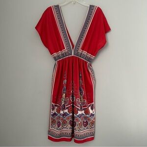 Forever 21 Deep V Neck Red Patterned Dress